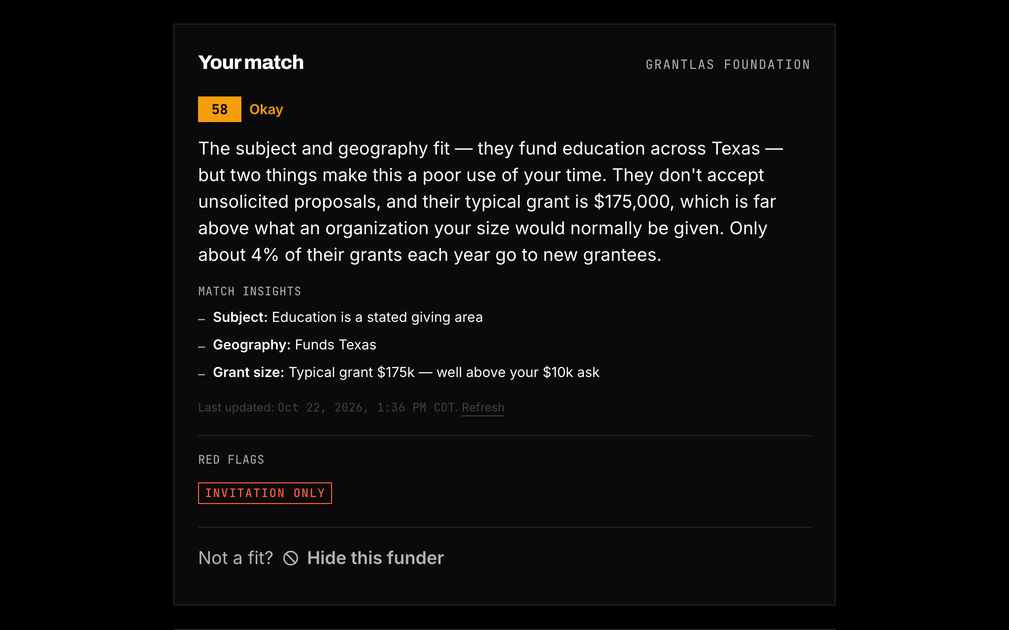Grantlas funder profile showing the Fit, a plain-words reason, match insights and an invitation-only red flag.