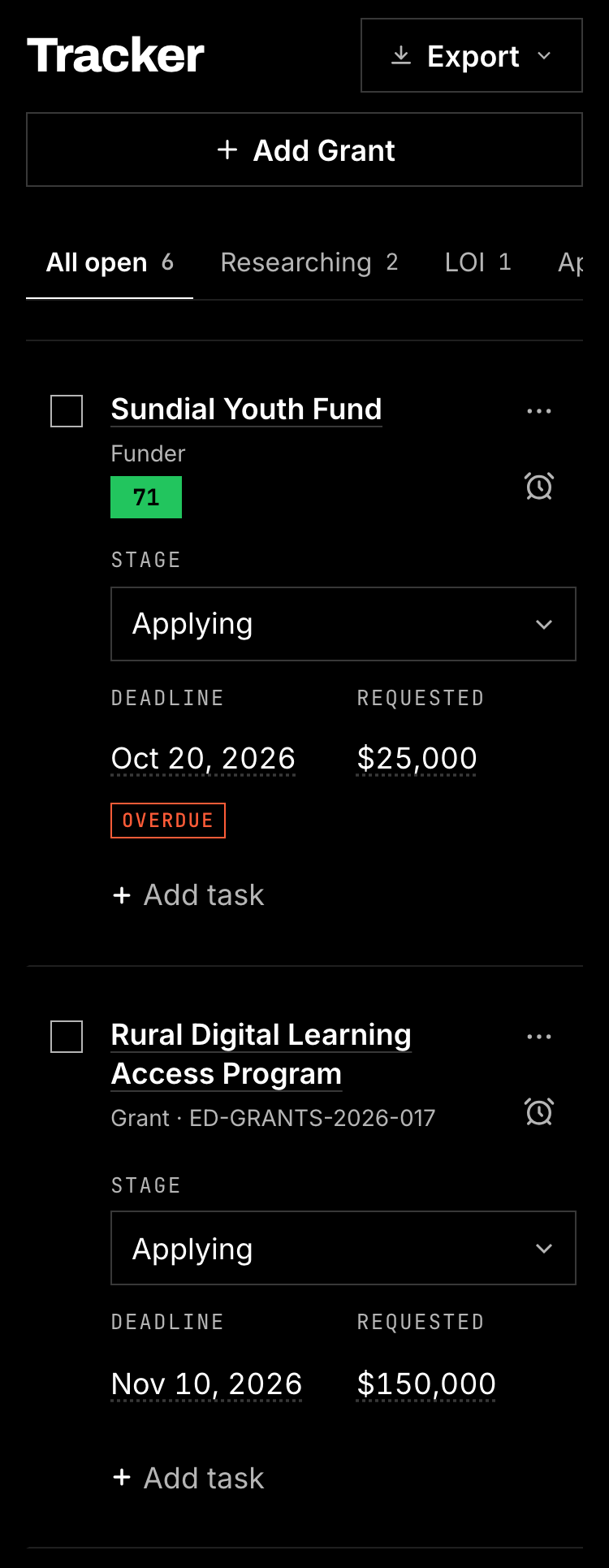 Grantlas Tracker on a phone screen, showing applications and their deadlines.