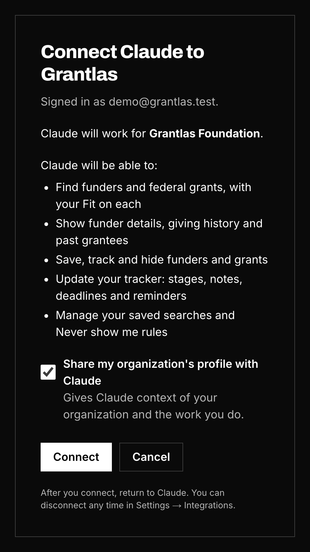 The Grantlas Connect screen that opens from Claude: the organization Claude will work for, a list of what Claude will be able to do, a Share profile checkbox, and Connect and Cancel buttons.